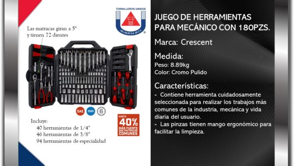 CRESCENT - JUEGO DE HERRAMIENTAS PARA MECANICO 180PZAS