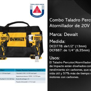 DEWALT  KIT TALADRO PERCUTOR INALµMBRICO 1/2" Y ATORNILLADOR DE IMPACTO 1/4" DE 20V