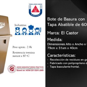 CASTOR - BOTE DE BASURA 60 LITROS CON TAPA ABATIBLE COLOR CAF