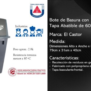 CASTOR - BOTE DE BASURA 60 LITROS CON TAPA ABATIBLE COLOR GRIS